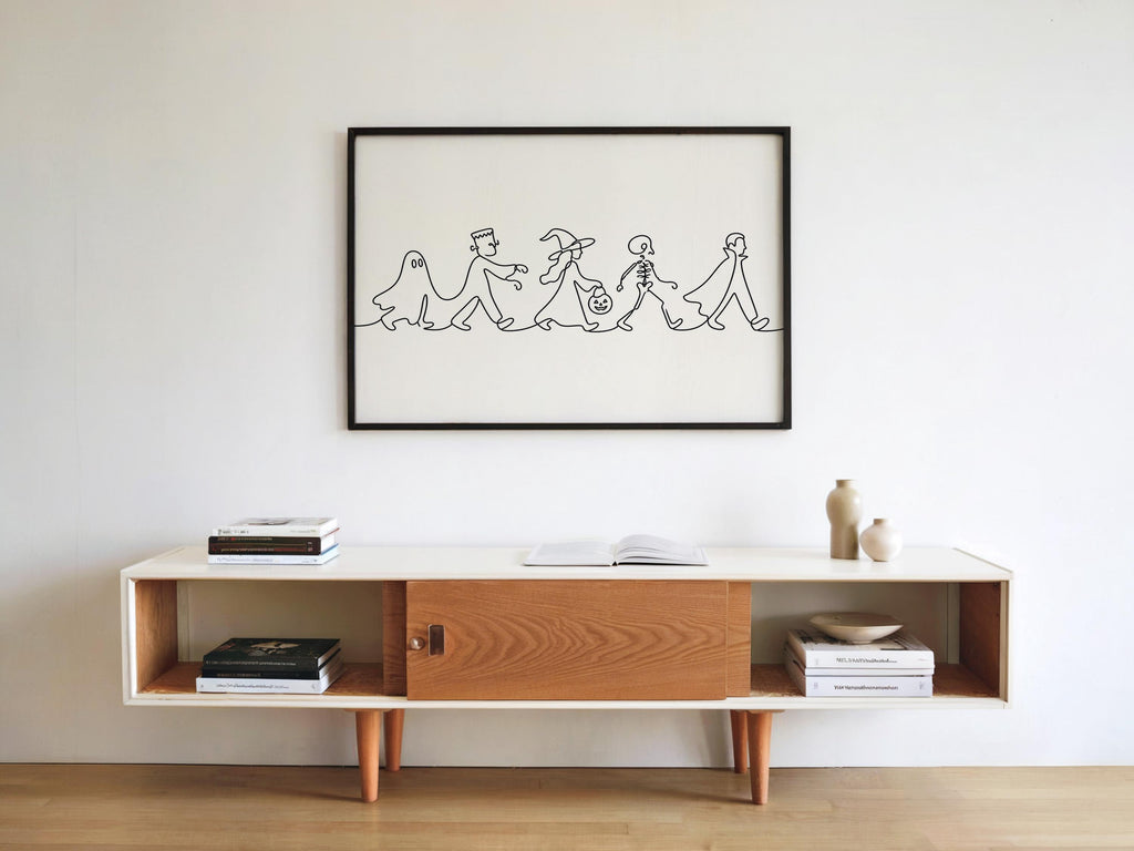 Halloween Parade Line Art, Spooky Ghost Print, Minimalist Witch Illustration, Skeleton Poster, Dark Gothic Autumn Wall Decor