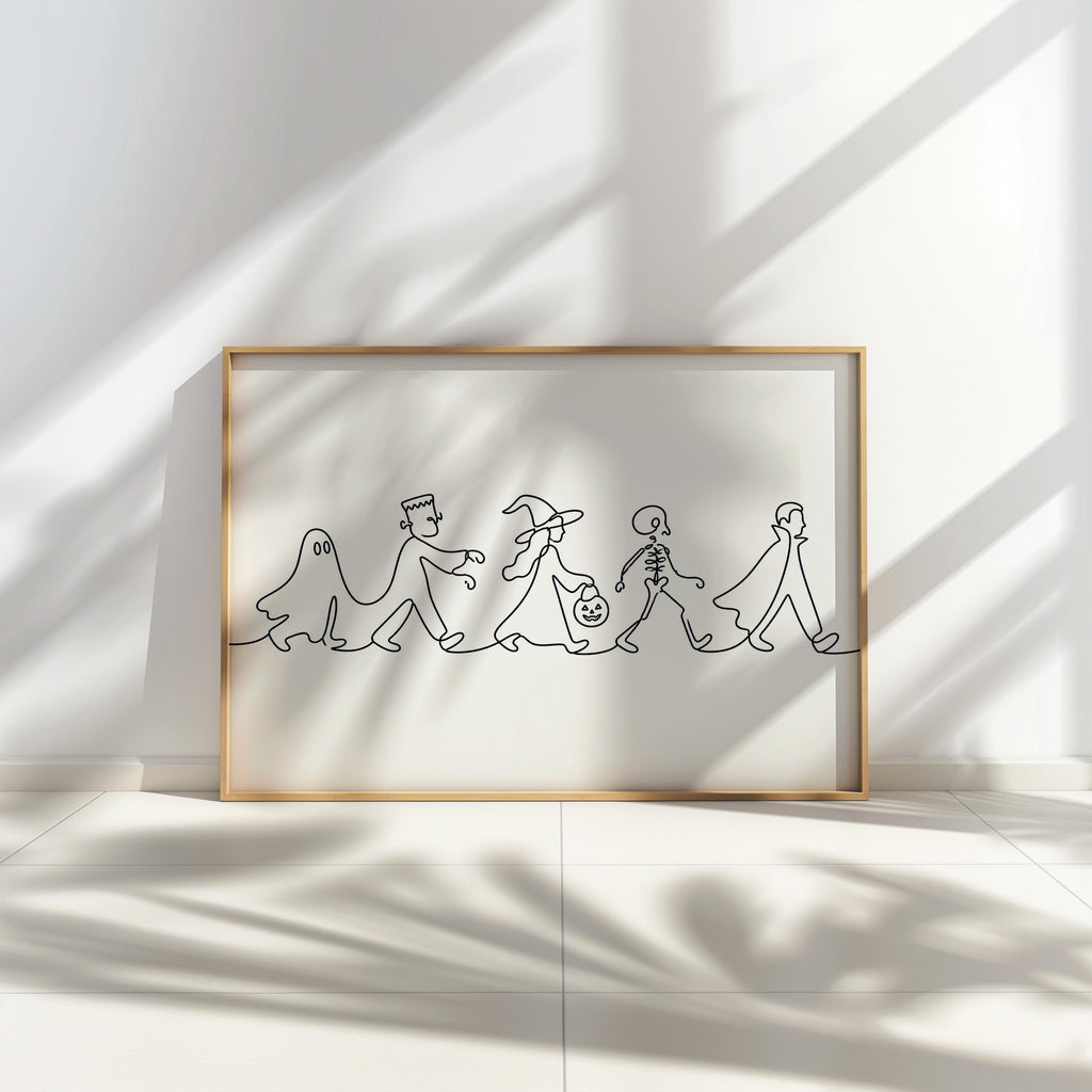 Halloween Parade Line Art, Spooky Ghost Print, Minimalist Witch Illustration, Skeleton Poster, Dark Gothic Autumn Wall Decor