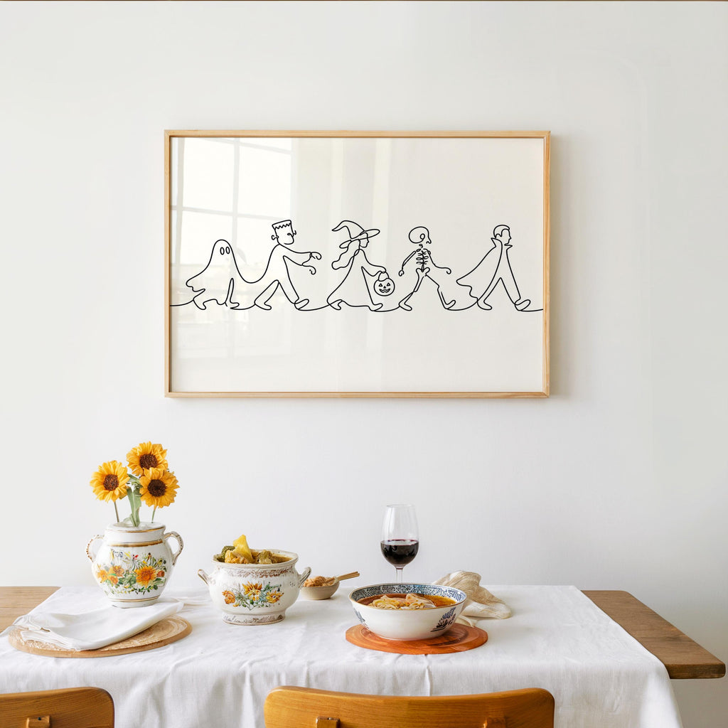 Halloween Parade Line Art, Spooky Ghost Print, Minimalist Witch Illustration, Skeleton Poster, Dark Gothic Autumn Wall Decor