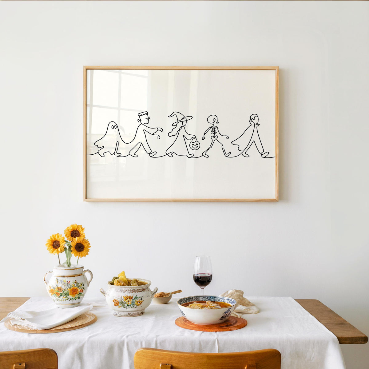 Halloween Parade Line Art, Spooky Ghost Print, Minimalist Witch Illustration, Skeleton Poster, Dark Gothic Autumn Wall Decor