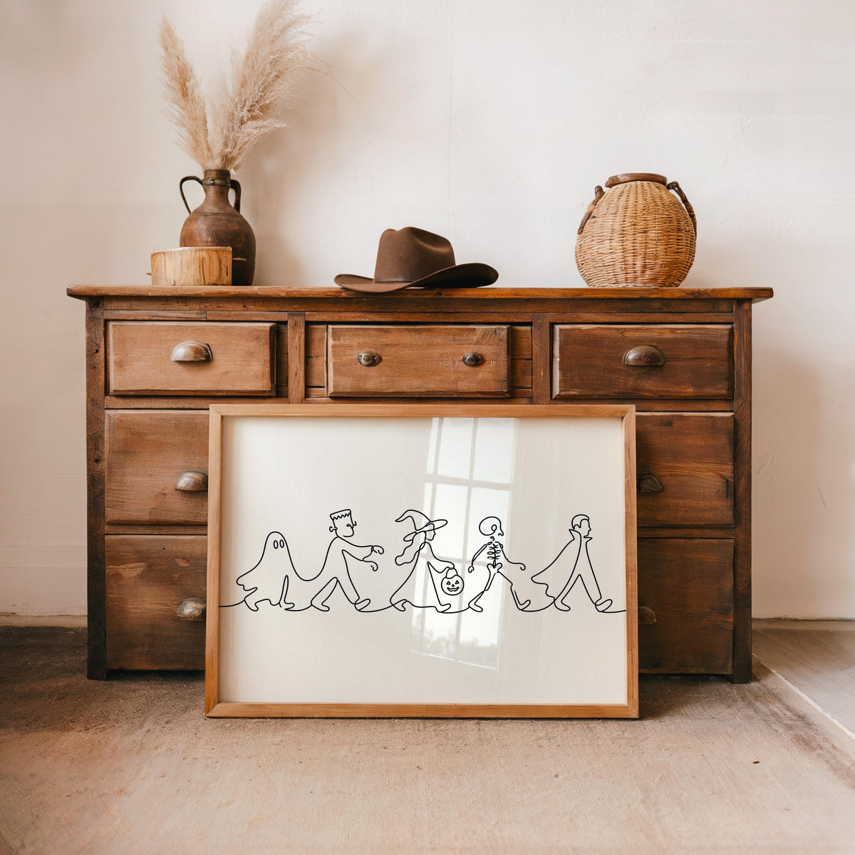 Halloween Parade Line Art, Spooky Ghost Print, Minimalist Witch Illustration, Skeleton Poster, Dark Gothic Autumn Wall Decor