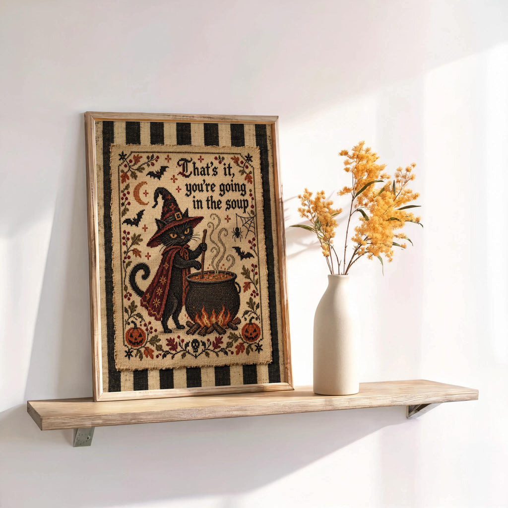 Black Cat Halloween Wall Art, That's It You're Going in the Soup Poster, Cross Stitch Print, Funny Vintage Kitchen Decor, Gothic Witchy Art
