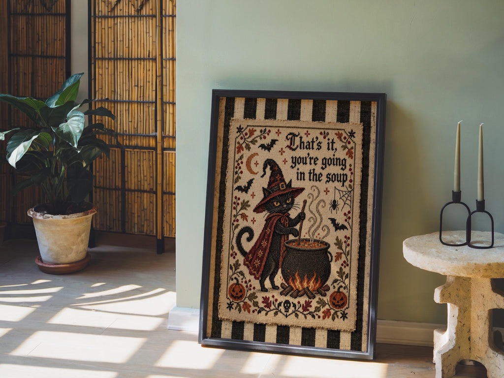 Black Cat Halloween Wall Art, That's It You're Going in the Soup Poster, Cross Stitch Print, Funny Vintage Kitchen Decor, Gothic Witchy Art
