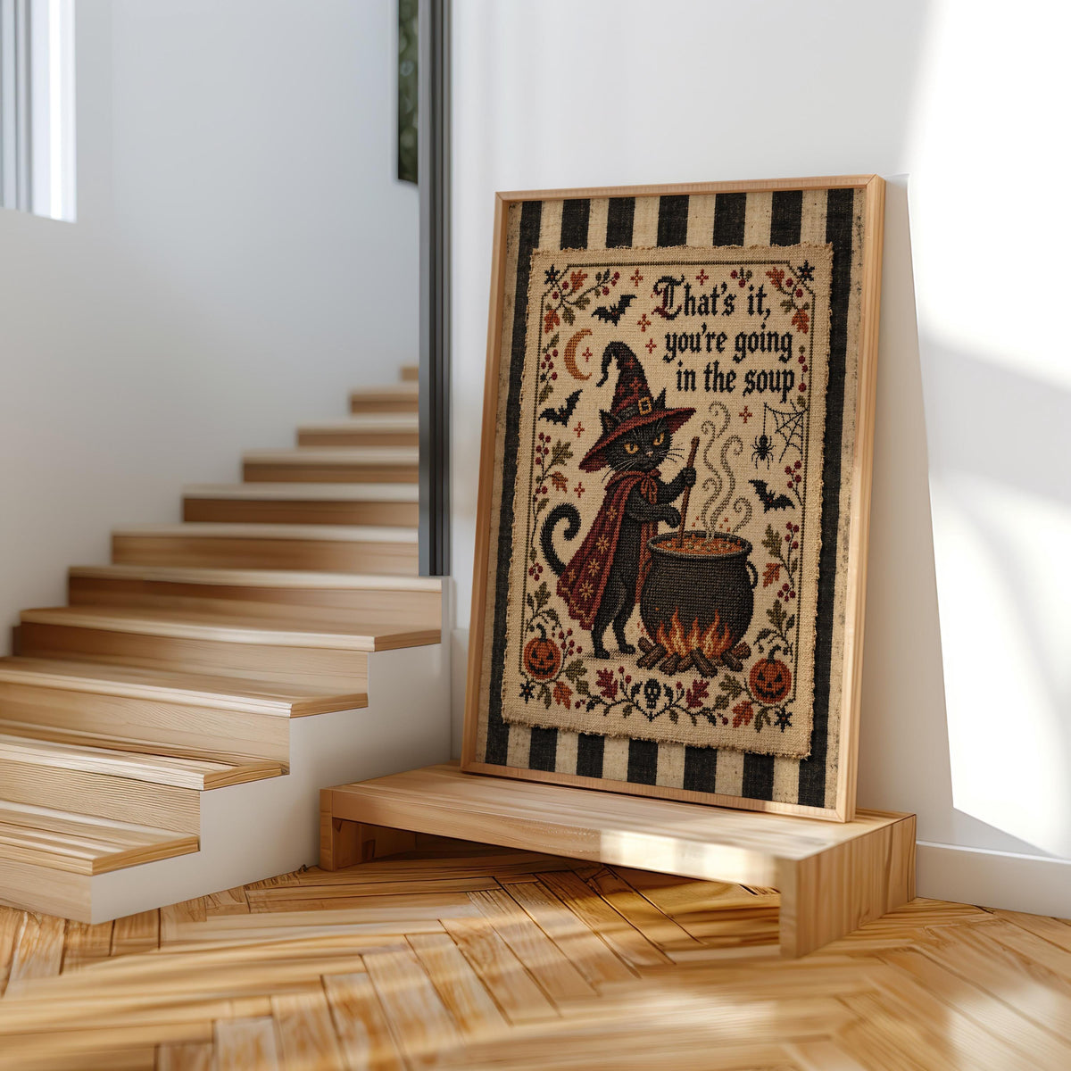 Black Cat Halloween Wall Art, That's It You're Going in the Soup Poster, Cross Stitch Print, Funny Vintage Kitchen Decor, Gothic Witchy Art
