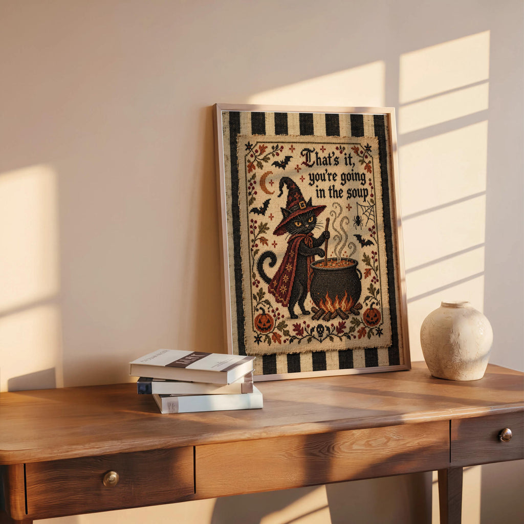 Black Cat Halloween Wall Art, That's It You're Going in the Soup Poster, Cross Stitch Print, Funny Vintage Kitchen Decor, Gothic Witchy Art