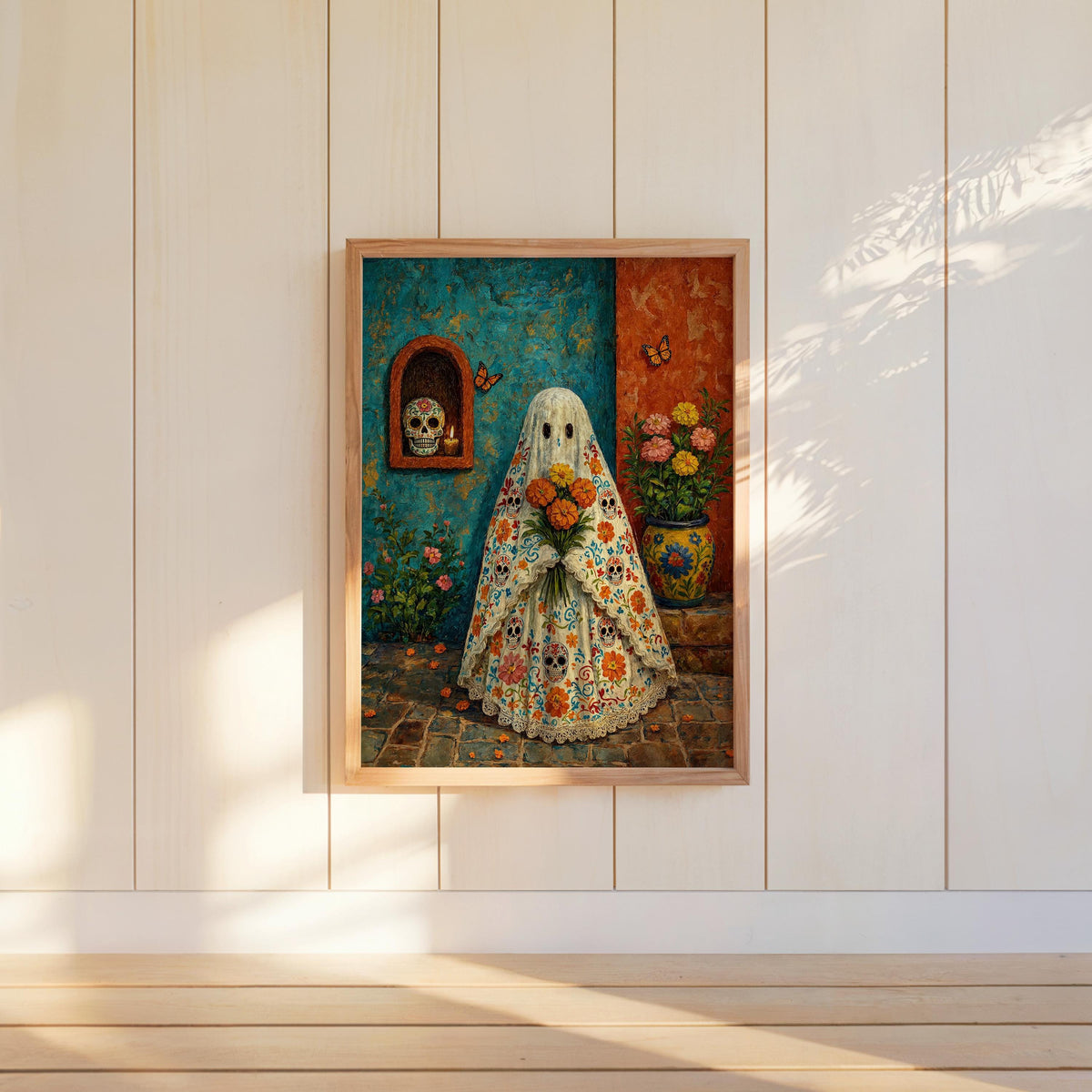 Mexican Halloween Print, Sugar Skull Ghost Wall Art, Dia de los Muertos Decor, Floral Folk Poster, Spooky Vibrant Mexico Culture Painting