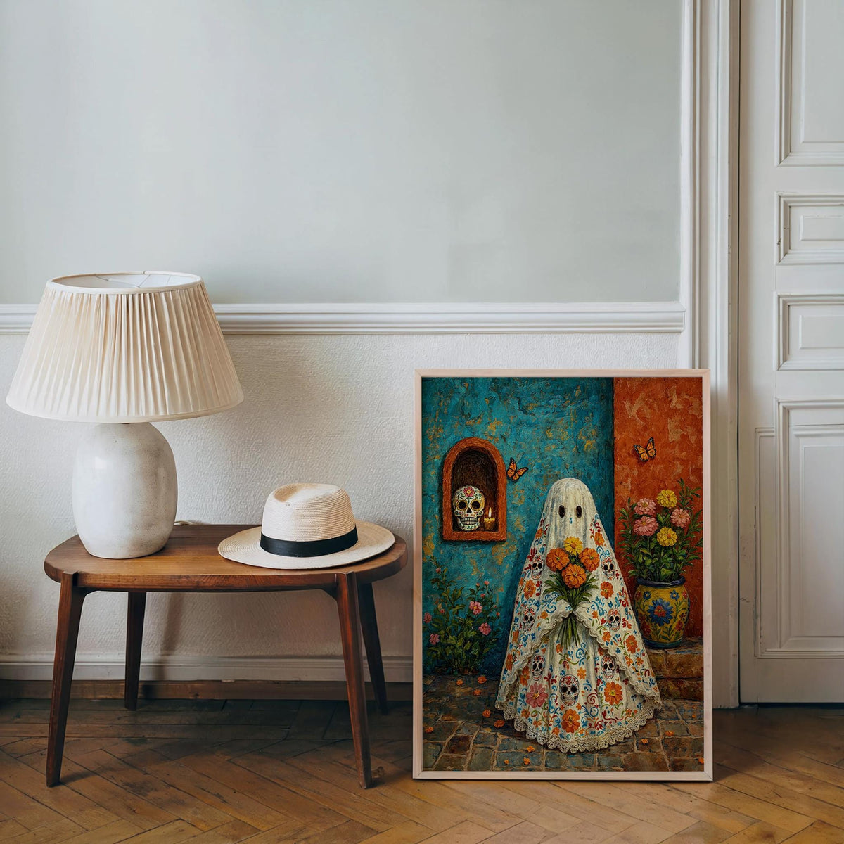 Mexican Halloween Print, Sugar Skull Ghost Wall Art, Dia de los Muertos Decor, Floral Folk Poster, Spooky Vibrant Mexico Culture Painting