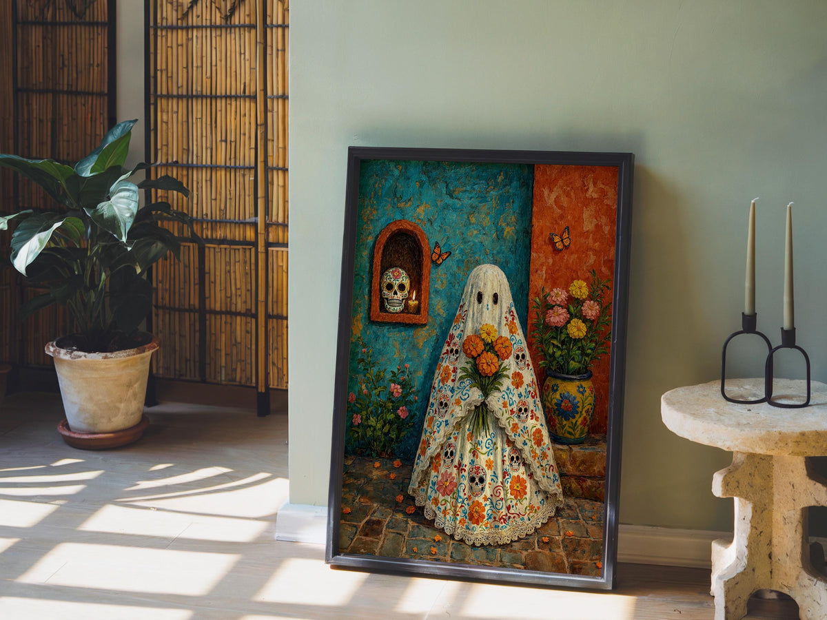 Mexican Halloween Print, Sugar Skull Ghost Wall Art, Dia de los Muertos Decor, Floral Folk Poster, Spooky Vibrant Mexico Culture Painting