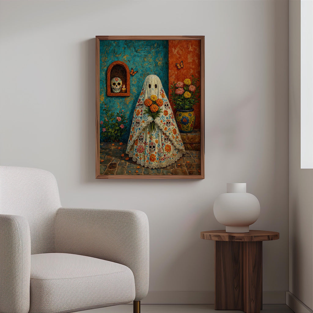 Mexican Halloween Print, Sugar Skull Ghost Wall Art, Dia de los Muertos Decor, Floral Folk Poster, Spooky Vibrant Mexico Culture Painting