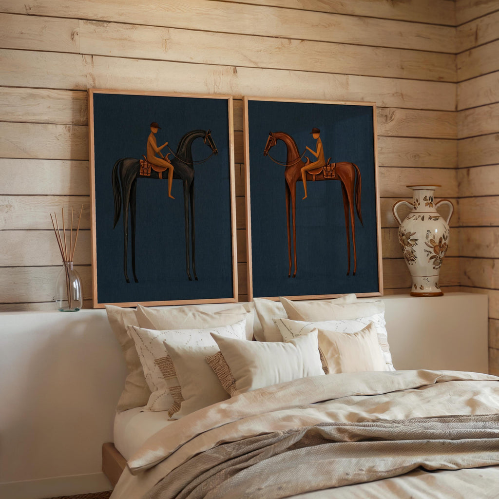 Blue Equestrian Print Set of 2, Navy Mid Century Modern Horse Wall Art, Vintage Jockey Painting, Neutral Surreal Minimalist Western Rider