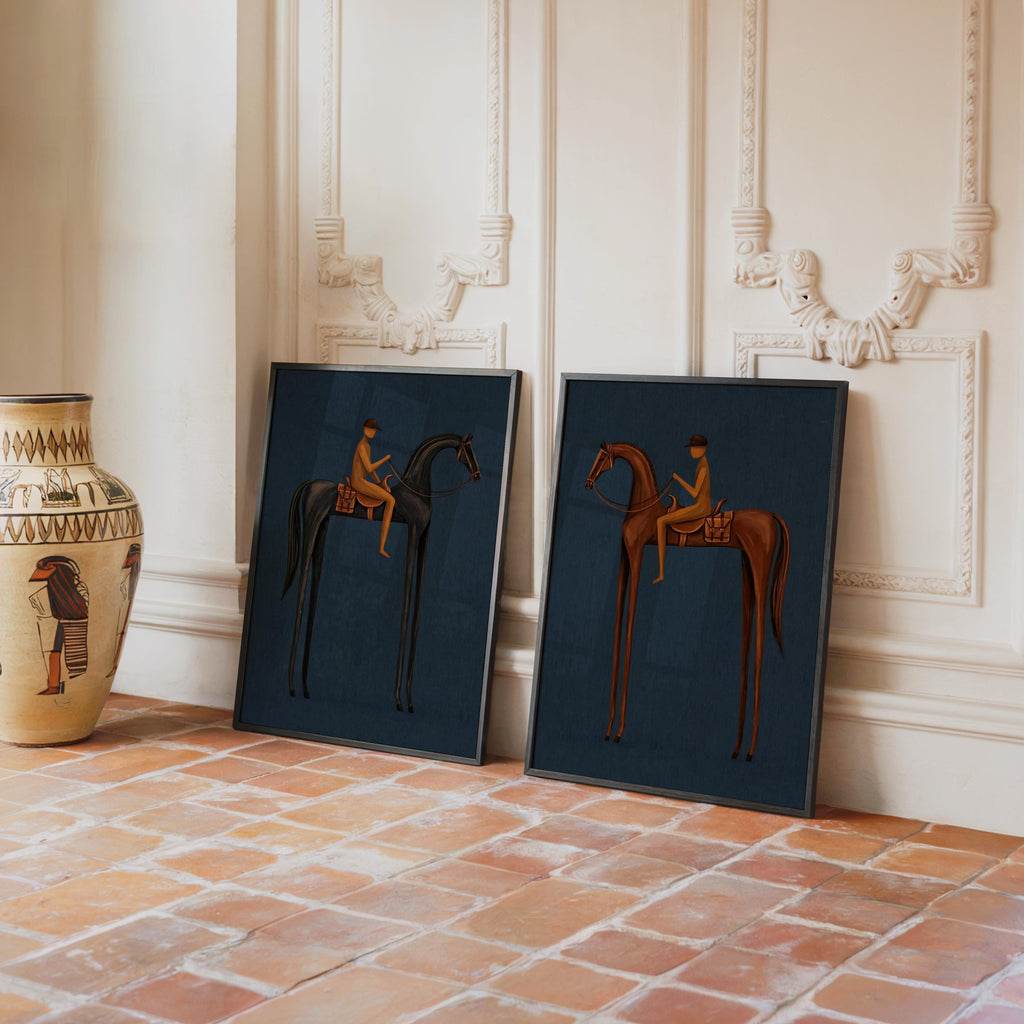 Blue Equestrian Print Set of 2, Navy Mid Century Modern Horse Wall Art, Vintage Jockey Painting, Neutral Surreal Minimalist Western Rider