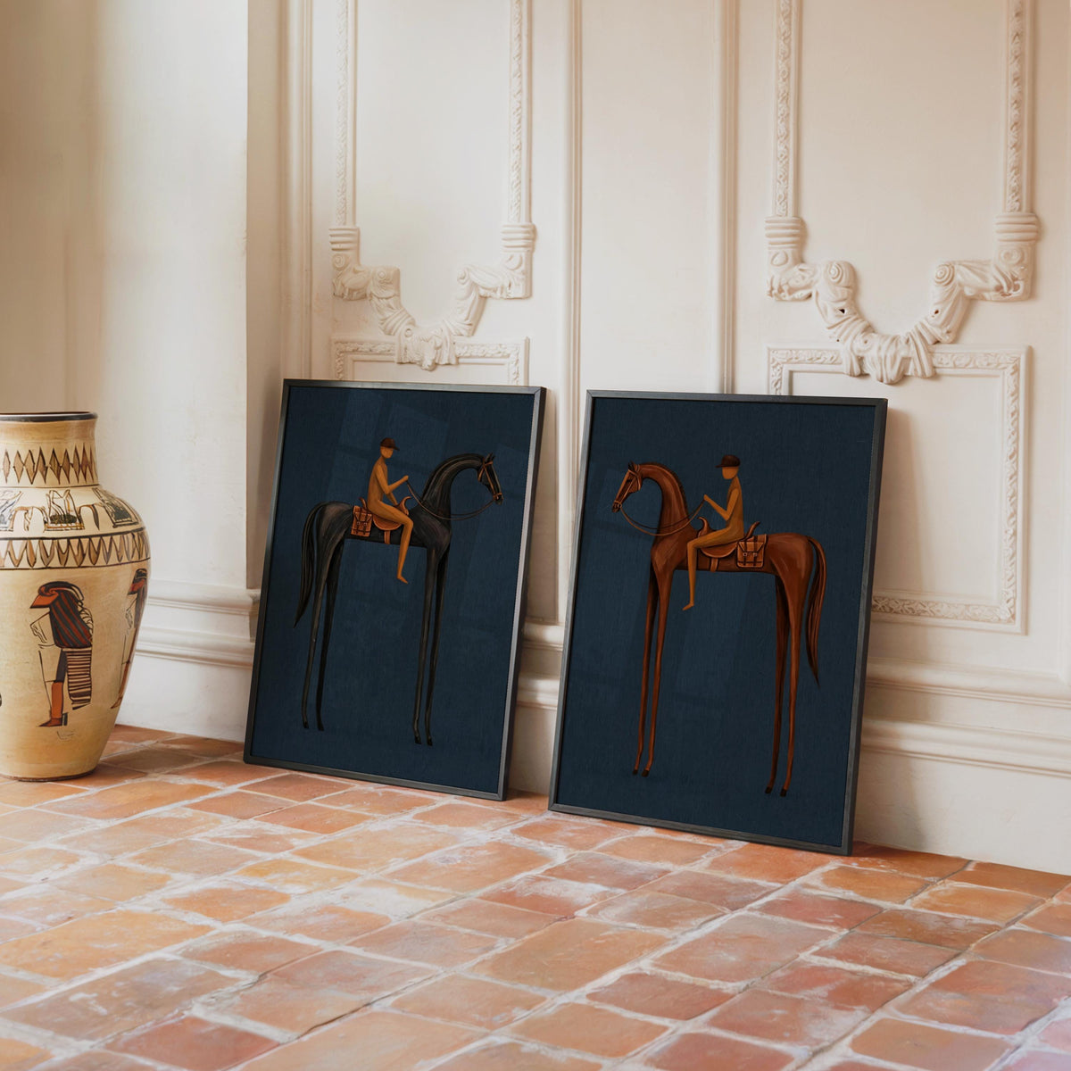 Blue Equestrian Print Set of 2, Navy Mid Century Modern Horse Wall Art, Vintage Jockey Painting, Neutral Surreal Minimalist Western Rider