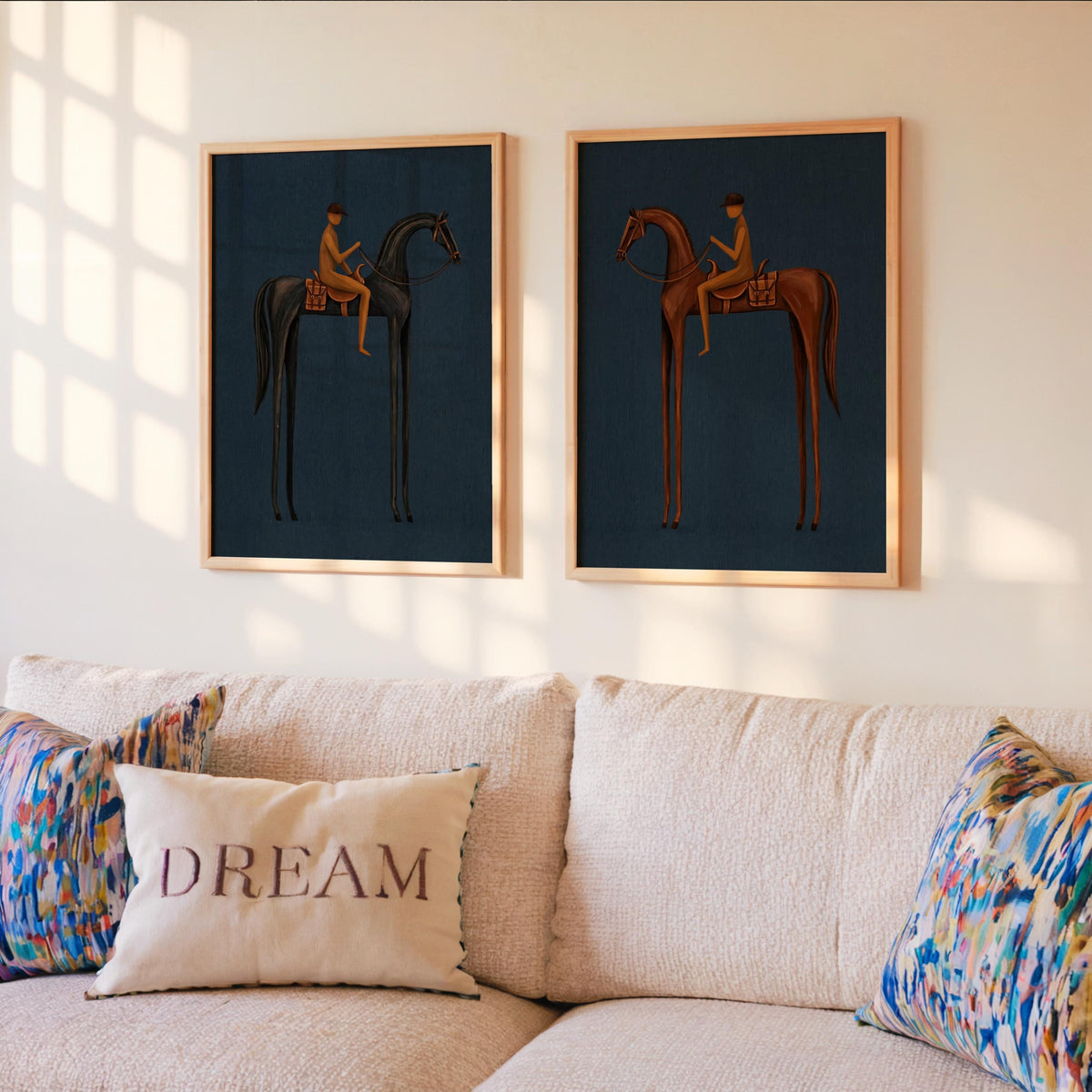 Blue Equestrian Print Set of 2, Navy Mid Century Modern Horse Wall Art, Vintage Jockey Painting, Neutral Surreal Minimalist Western Rider