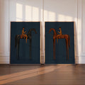 Blue Equestrian Print Set of 2, Navy Mid Century Modern Horse Wall Art, Vintage Jockey Painting, Neutral Surreal Minimalist Western Rider