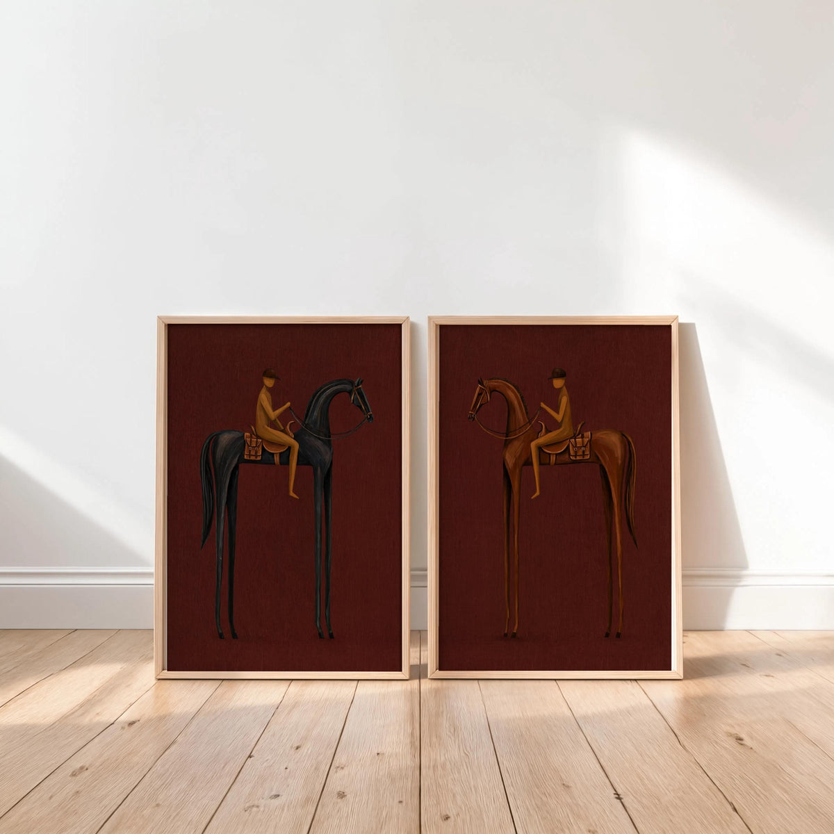 Horse art set of 2 propped on floor, deep burgundy and black figures, dramatic dark academia wall decor