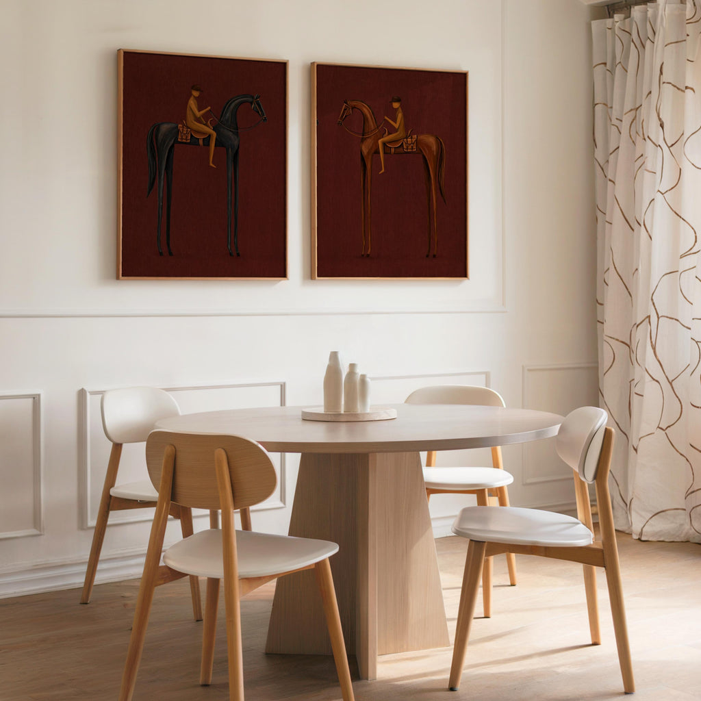 Diptych hung above a dining table, horse art set of 2 in burgundy and gold, refined modern western styling