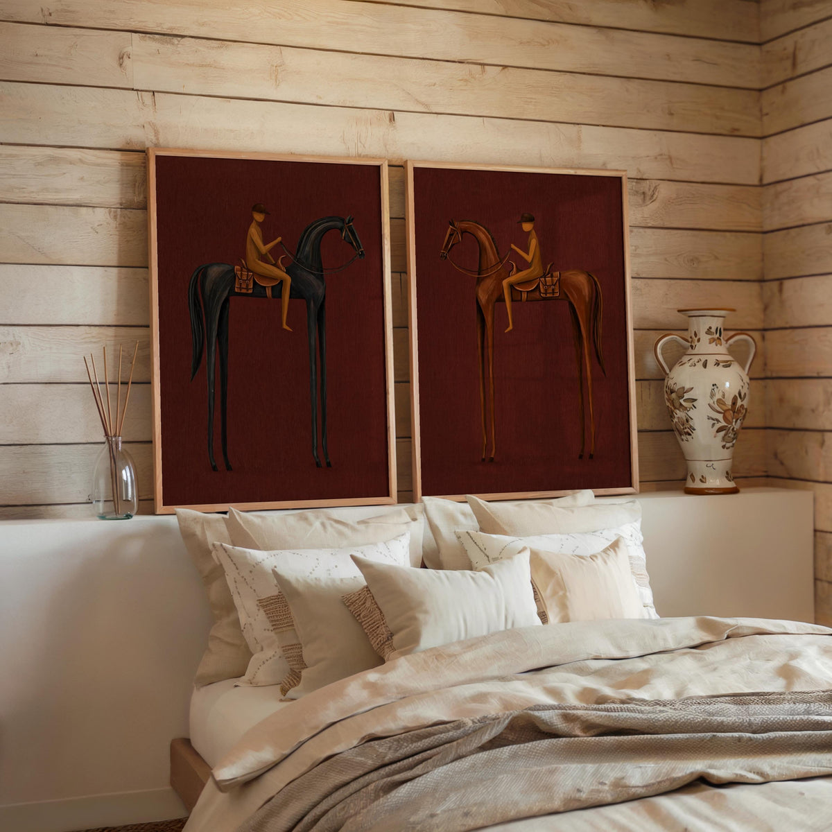 Surreal horse wall art above a cozy wood bed, modern western wall art feel, rust and muted gold accents