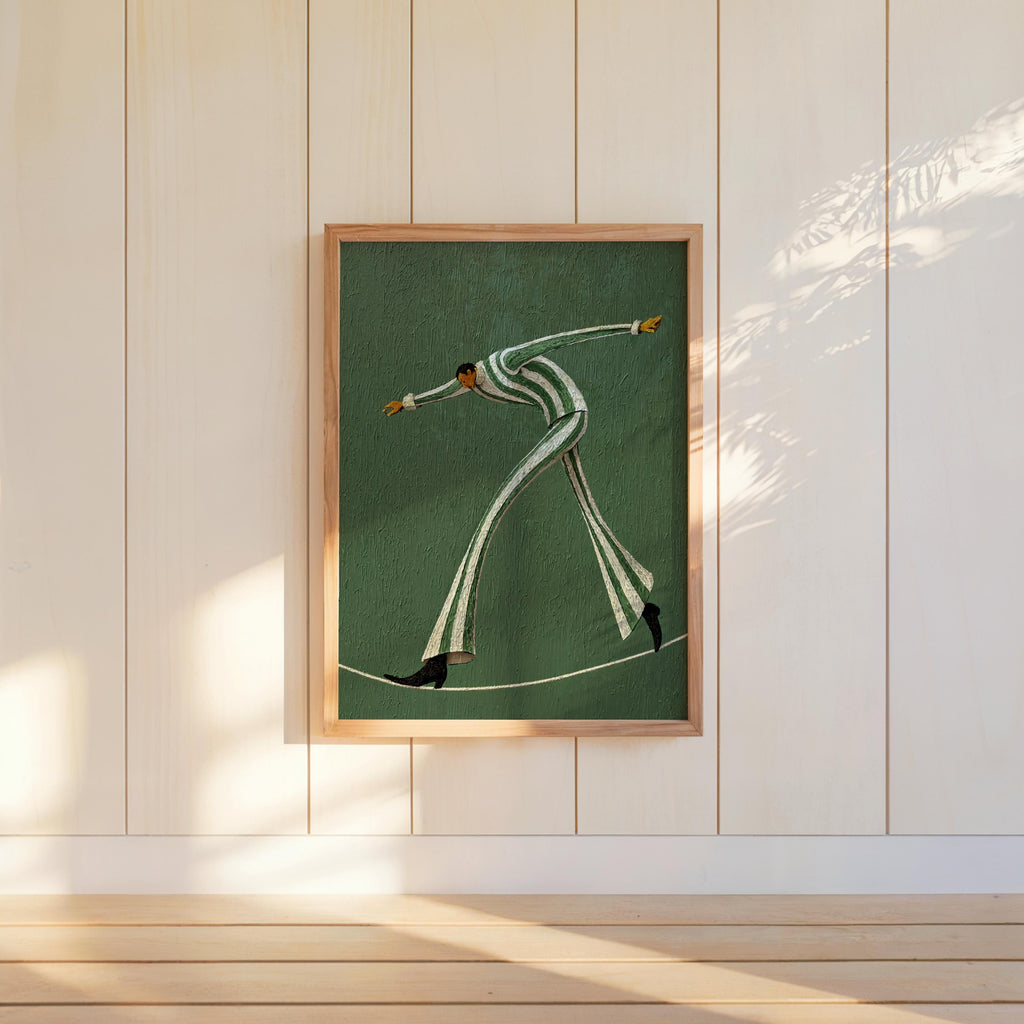 Tightrope Walker Wall Art, Vintage Circus Print, Striped Acrobat Performer Painting, Retro Carnival Decor, Cute Nursery Kids Room Poster