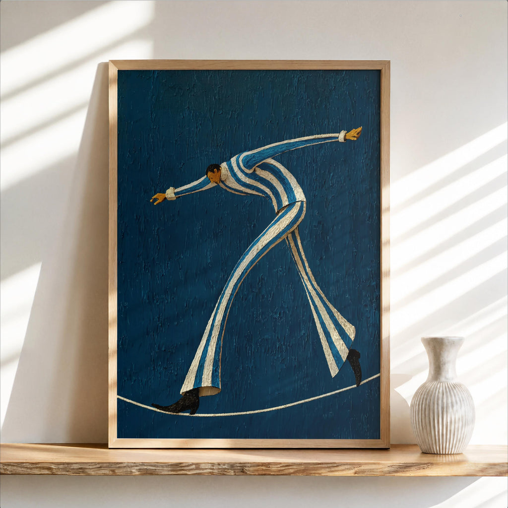 Tightrope Walker Wall Art, Vintage Circus Print, Striped Acrobat Performer Painting, Retro Carnival Decor, Cute Nursery Kids Room Poster