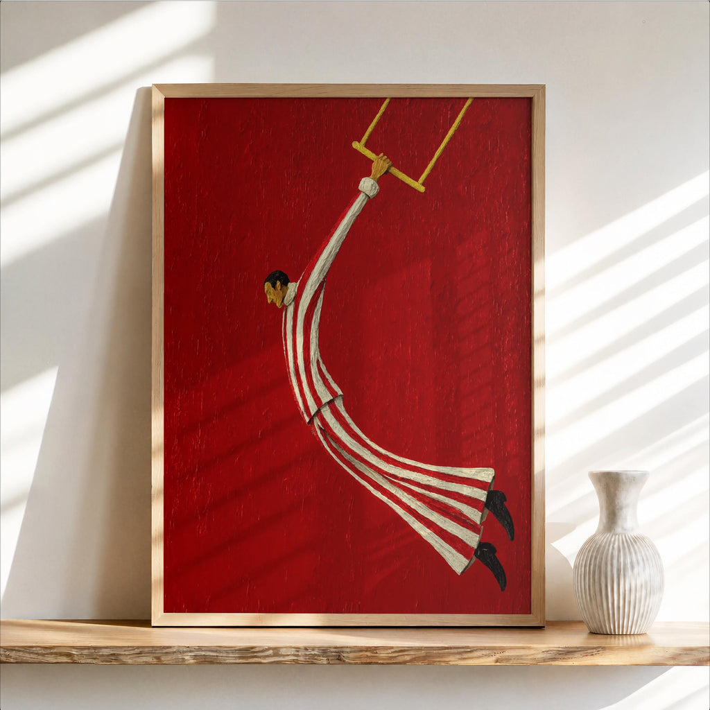 Aerial Acrobat Wall Art, Vintage Surreal Circus Print, Retro Striped Mid Century Painting, Flying Performer Decor, Carnival Poster Gift