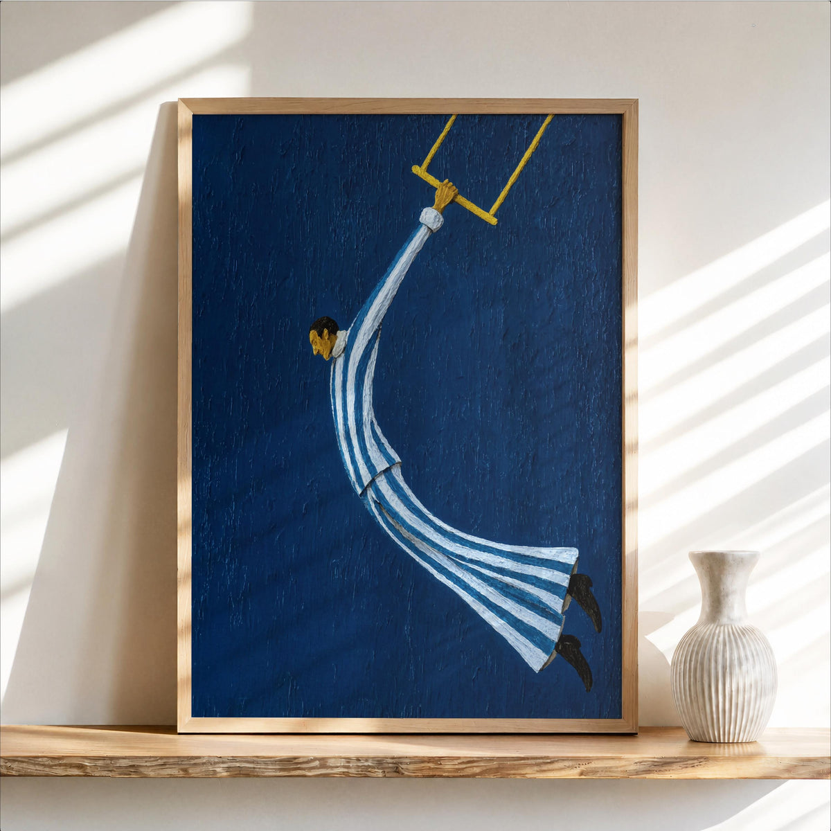 Aerial Acrobat Wall Art, Vintage Surreal Circus Print, Retro Striped Mid Century Painting, Flying Performer Decor, Carnival Poster Gift
