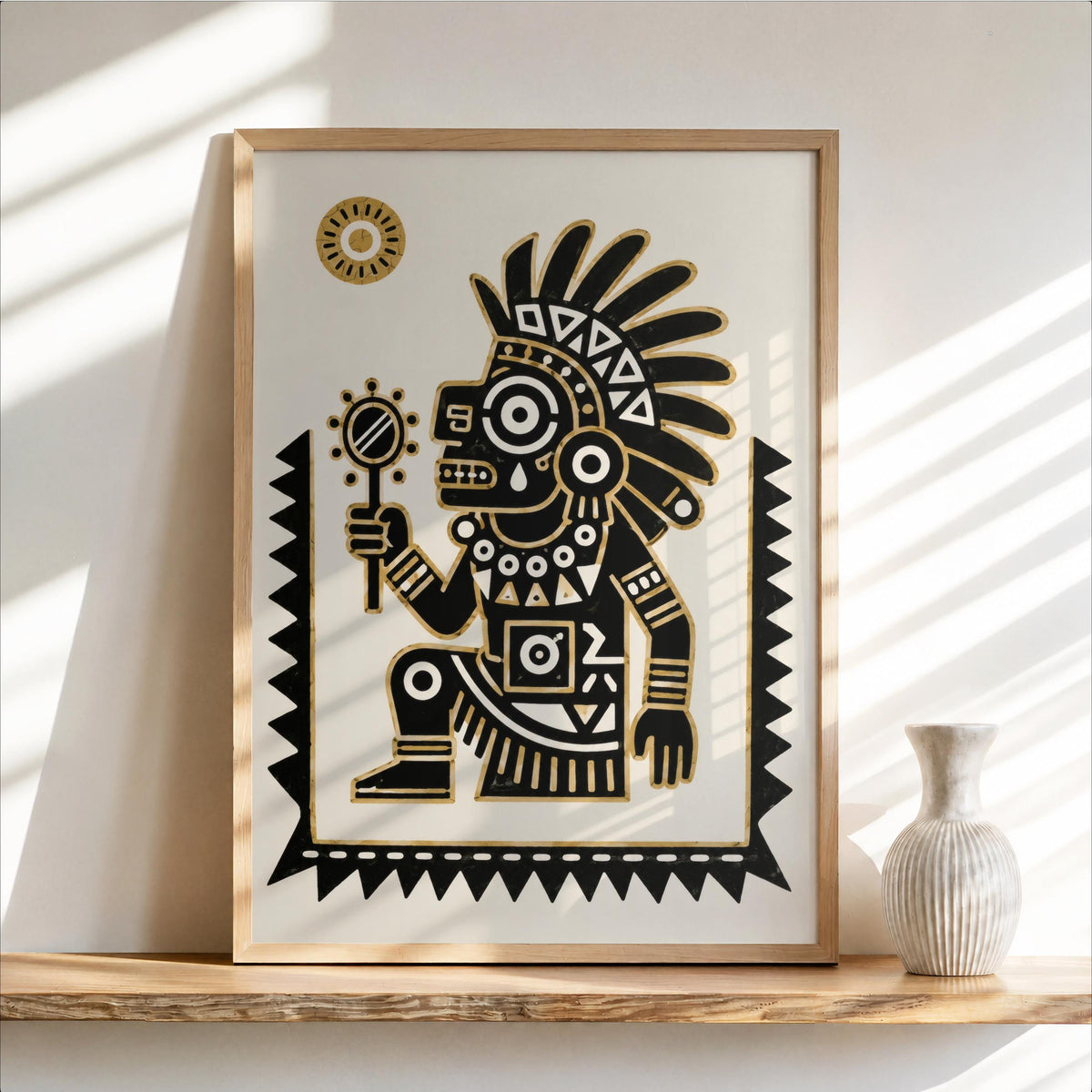 Framed Tezcatlipoca wall art on a wooden shelf, black cream gold palette, vase and sunlit stripes