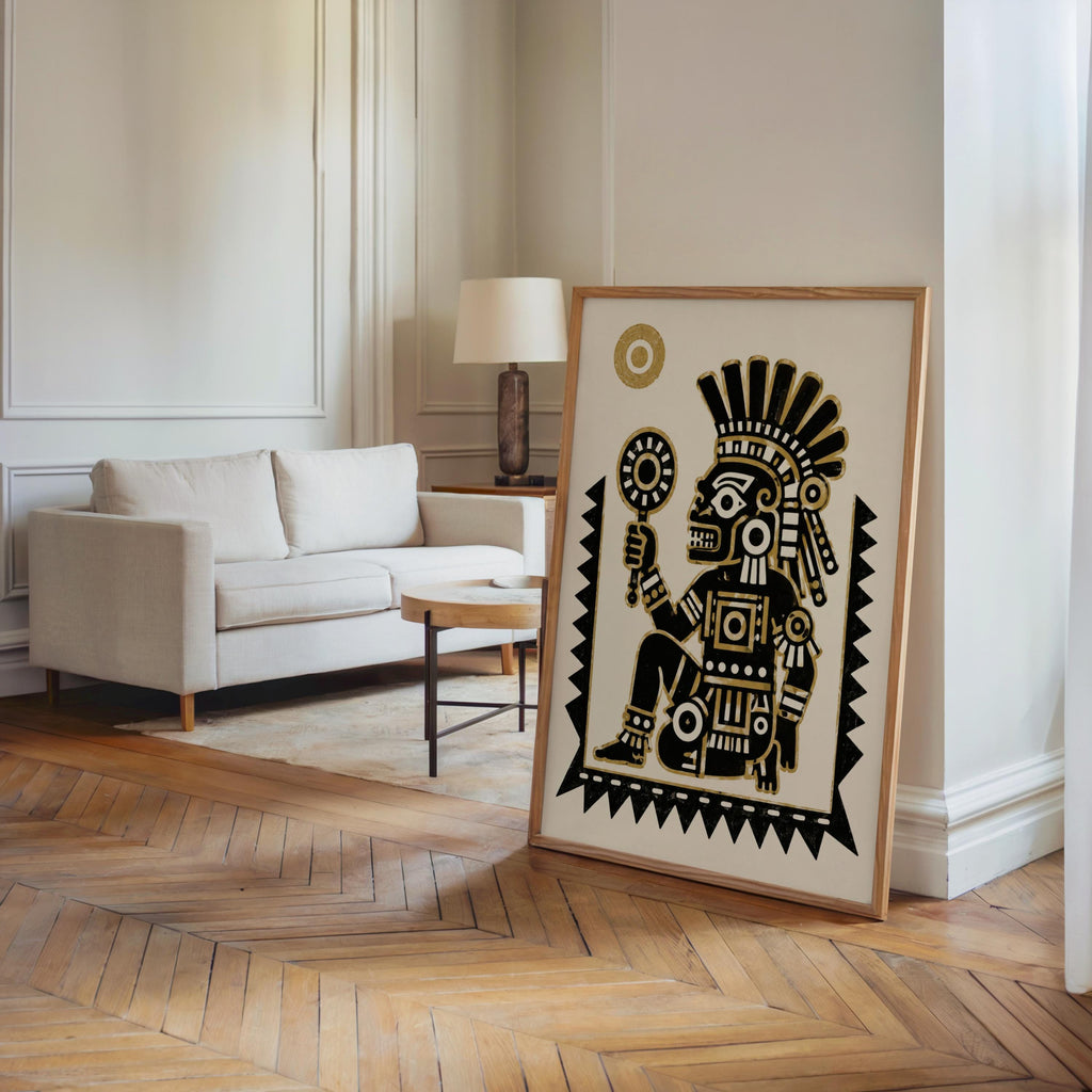 Large Tezcatlipoca art print leaning on hardwood floor in airy living room, Indigenous Mexican wall art vibe