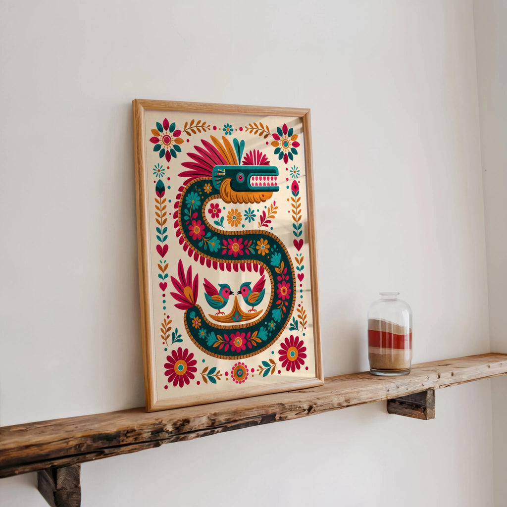 Vibrant Quetzalcoatl Feathered Serpent Folk Art Print - Colorful Aztec God Mexican Mythology Wall Decor, Printed Boho Cultural Poster