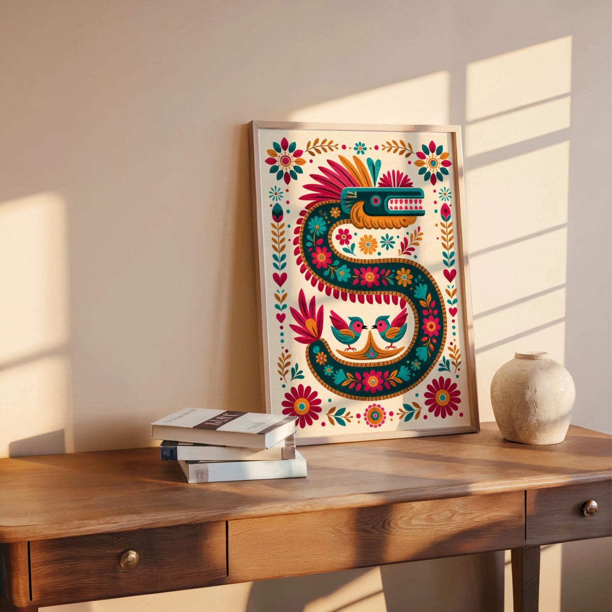 Vibrant Quetzalcoatl Feathered Serpent Folk Art Print - Colorful Aztec God Mexican Mythology Wall Decor, Printed Boho Cultural Poster