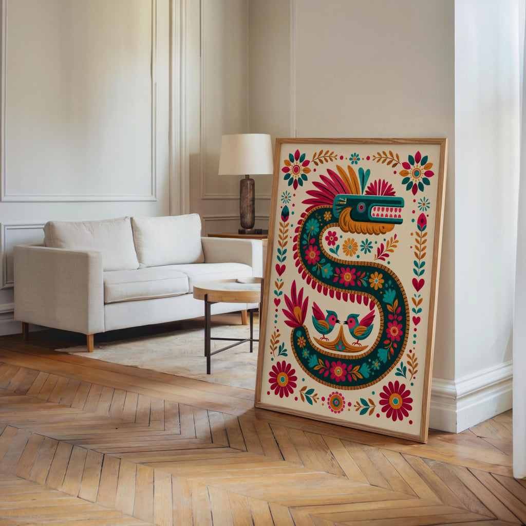 Vibrant Quetzalcoatl Feathered Serpent Folk Art Print - Colorful Aztec God Mexican Mythology Wall Decor, Printed Boho Cultural Poster