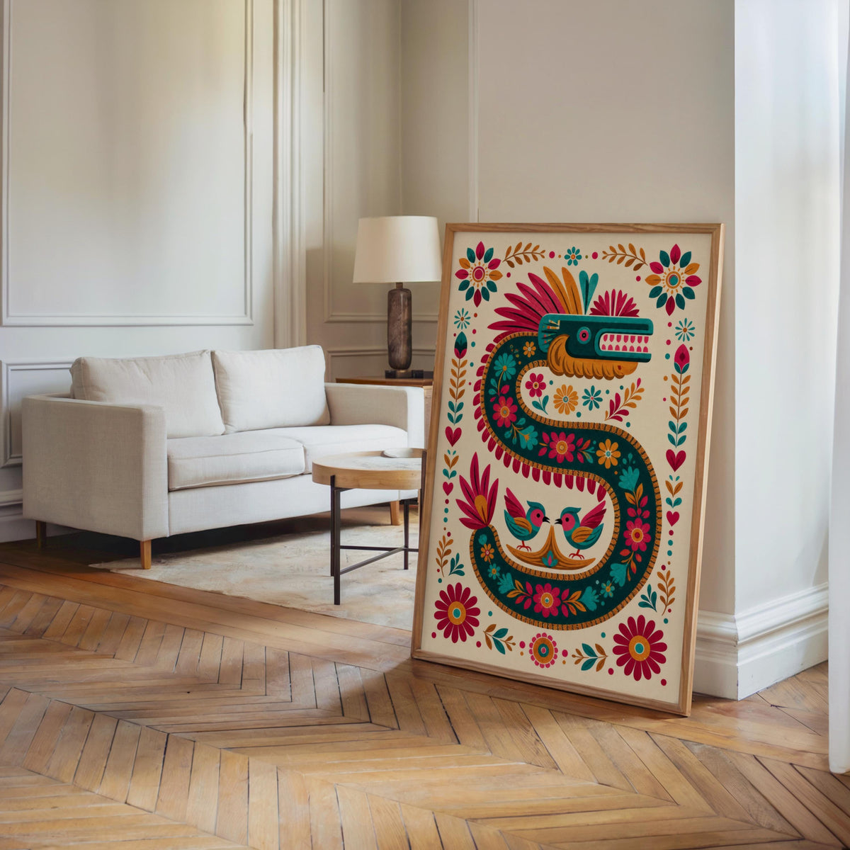Vibrant Quetzalcoatl Feathered Serpent Folk Art Print - Colorful Aztec God Mexican Mythology Wall Decor, Printed Boho Cultural Poster