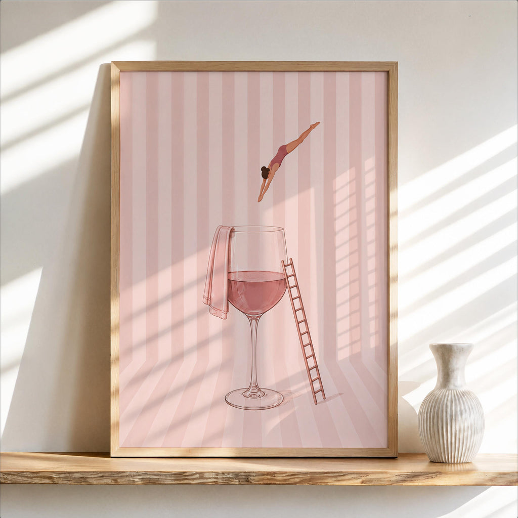 Minimal Wine Diver Art, Retro Glass of Rosé Print, White Wine Striped Poster, Stylish Bar Decor, Pink Kitchen Gift