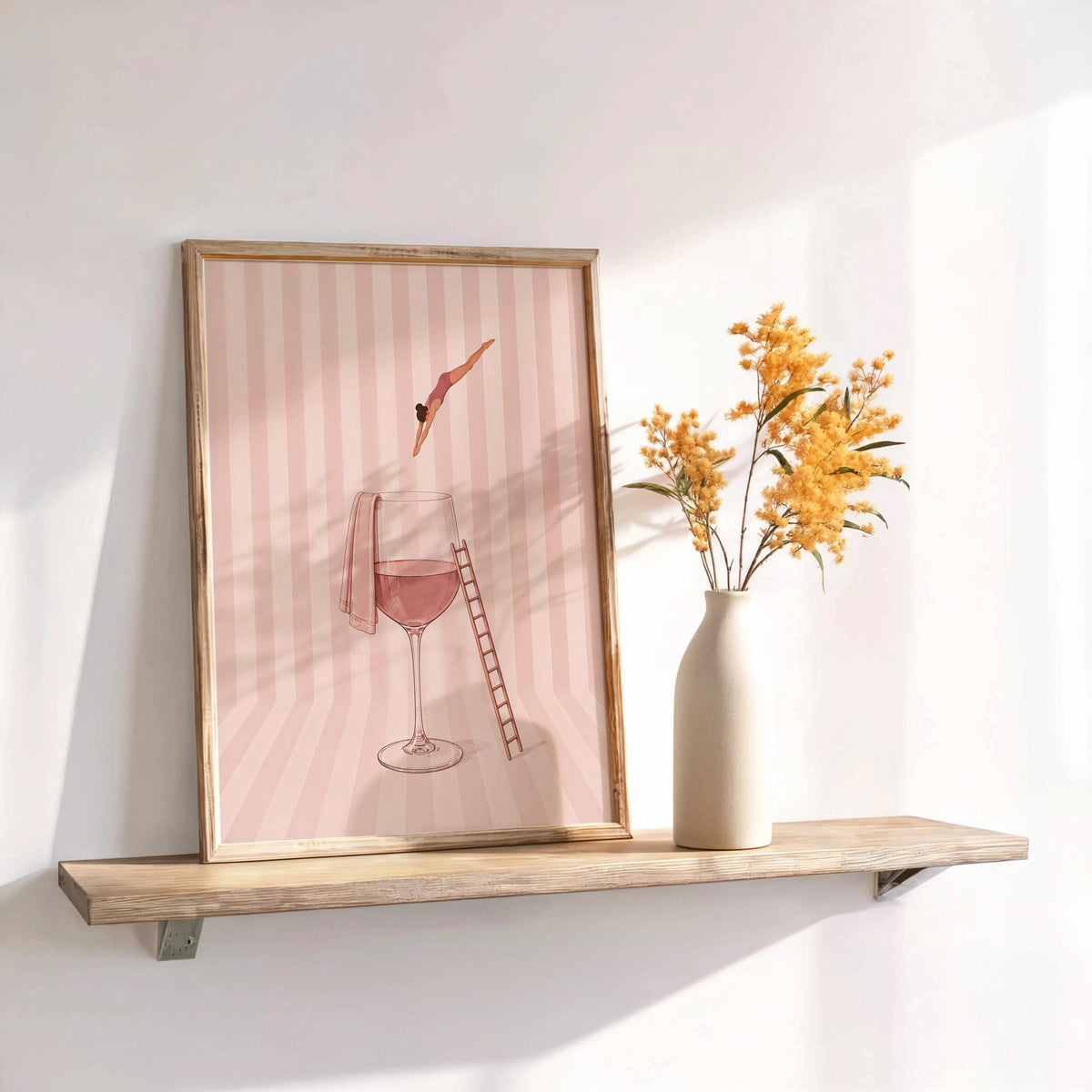 Minimal Wine Diver Art, Retro Glass of Rosé Print, White Wine Striped Poster, Stylish Bar Decor, Pink Kitchen Gift