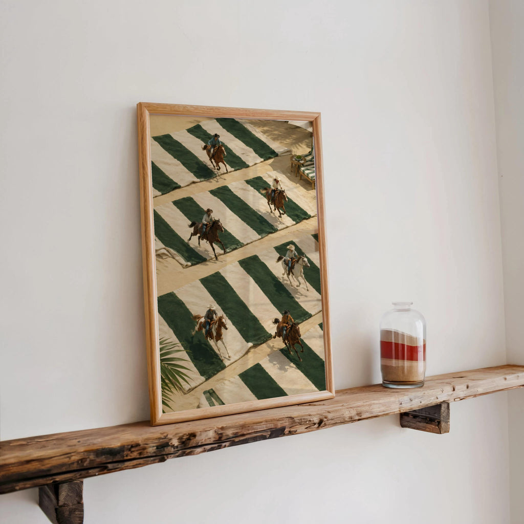 Tiny Cowboys at Beach Poster, Western Summer Decor, Coastal Equestrian Wall Art, Green Striped Towel Print, Country Rodeo Inspired Gift
