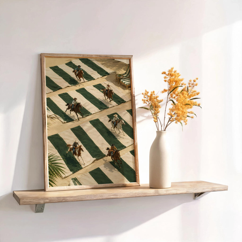 Tiny Cowboys at Beach Poster, Western Summer Decor, Coastal Equestrian Wall Art, Green Striped Towel Print, Country Rodeo Inspired Gift