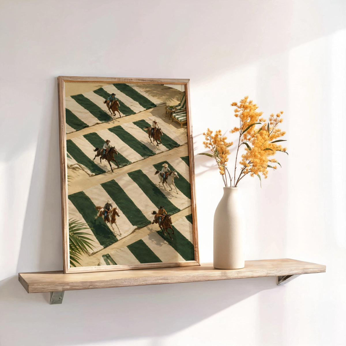 Tiny Cowboys at Beach Poster, Western Summer Decor, Coastal Equestrian Wall Art, Green Striped Towel Print, Country Rodeo Inspired Gift