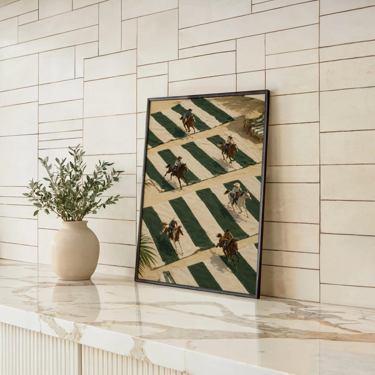 Tiny Cowboys at Beach Poster, Western Summer Decor, Coastal Equestrian Wall Art, Green Striped Towel Print, Country Rodeo Inspired Gift