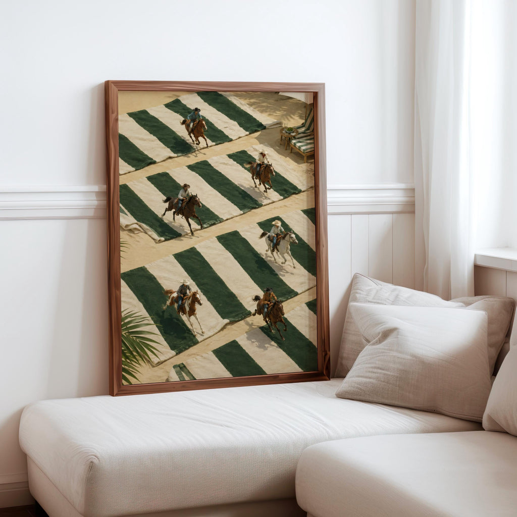 Tiny Cowboys at Beach Poster, Western Summer Decor, Coastal Equestrian Wall Art, Green Striped Towel Print, Country Rodeo Inspired Gift