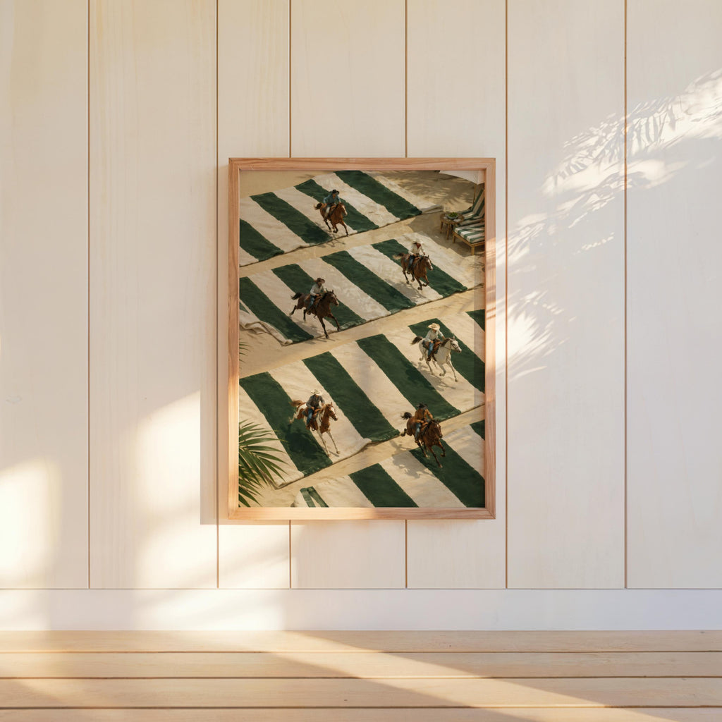Tiny Cowboys at Beach Poster, Western Summer Decor, Coastal Equestrian Wall Art, Green Striped Towel Print, Country Rodeo Inspired Gift