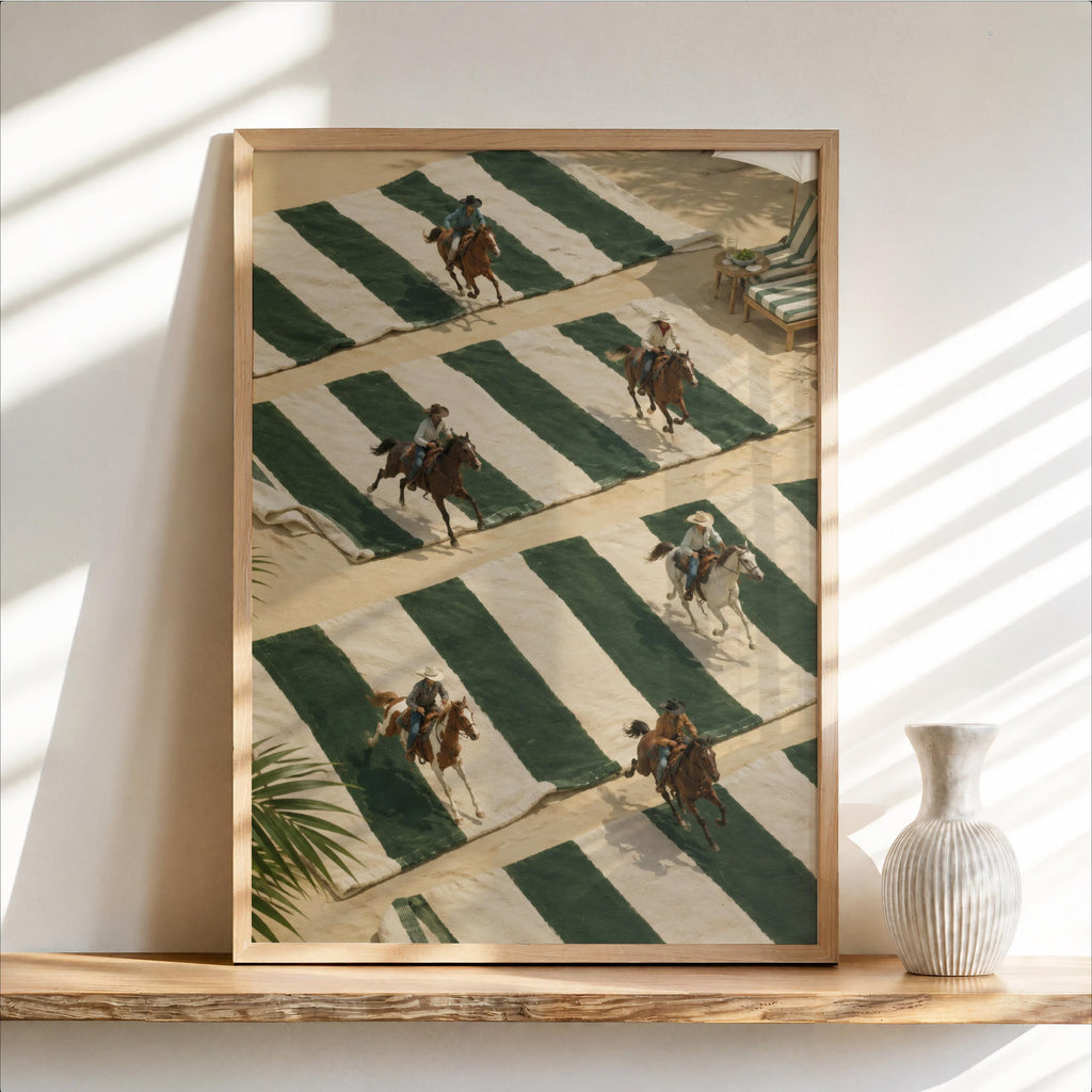 Tiny Cowboys at Beach Poster, Western Summer Decor, Coastal Equestrian Wall Art, Green Striped Towel Print, Country Rodeo Inspired Gift