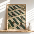 Tiny Cowboys at Beach Poster, Western Summer Decor, Coastal Equestrian Wall Art, Green Striped Towel Print, Country Rodeo Inspired Gift