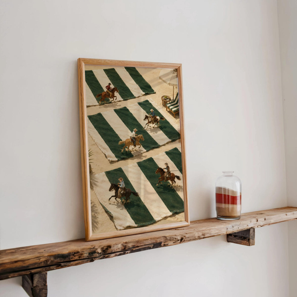 Tiny Cowboys Riding Horses Poster, Western Home Decor, Coastal Summer Style, Green and White Striped Print, Preppy Country Gift Wall Art