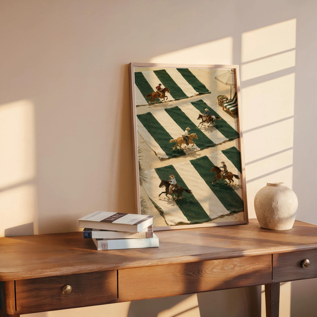 Tiny Cowboys Riding Horses Poster, Western Home Decor, Coastal Summer Style, Green and White Striped Print, Preppy Country Gift Wall Art
