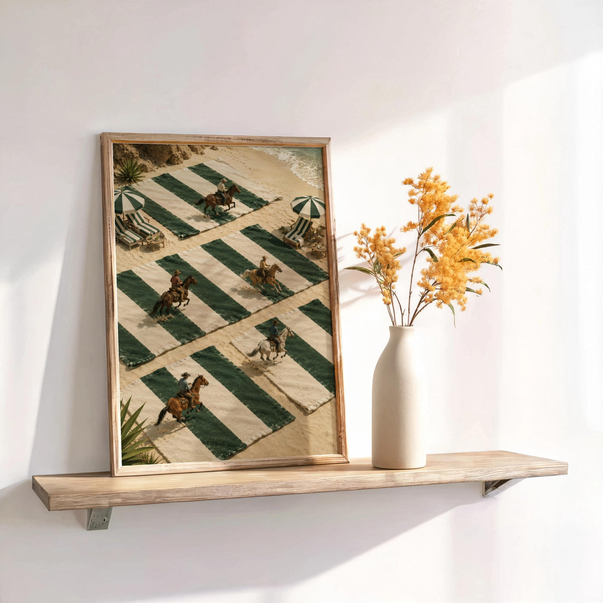 Leaning western beach print on rustic shelf with vase and dried flowers, tiny cowboy art print in preppy green palette