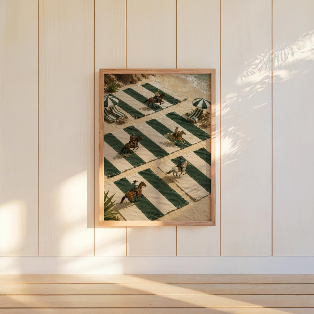 Hanging cowboy beach wall art on white shiplap, diagonal green stripes and tiny equestrians, coastal western wall art