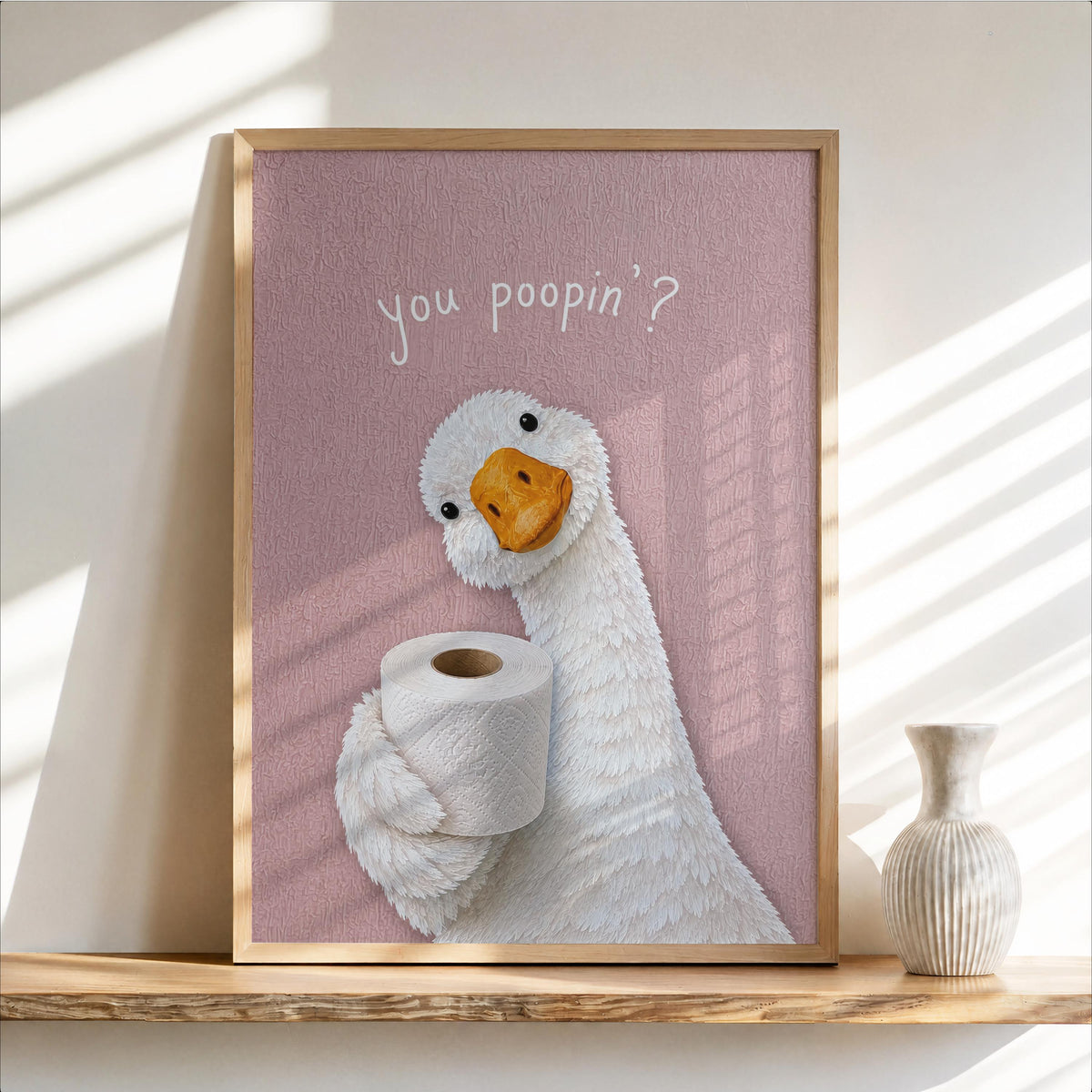 You Poopin Goose with Toilet Paper Wall Art, Funny Bathroom Decor, Quirky Cottagecore Bird Print, Humorous Geese Loo Sign