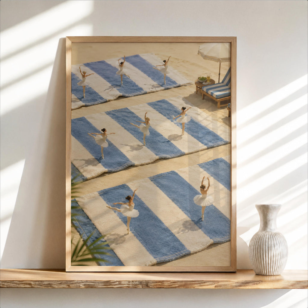 Ballerina Poster, Blue Beach Scene, Ballet Room Decor, Tiny Dancers Print, Coastal Summer Art, Dance Lover Gift, Girly Nursery Poster