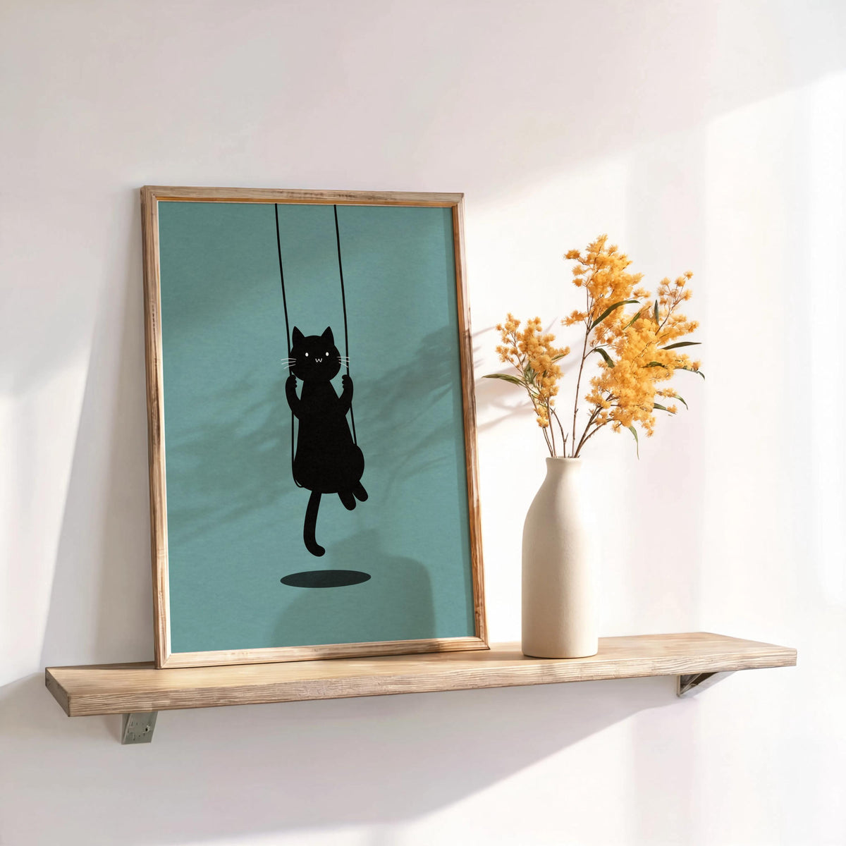 Swinging Black Cat Print, Minimal Feline Poster, Neutral Kids Room Decor, Whimsical Nursery Illustration, Cute Animal Wall Art,