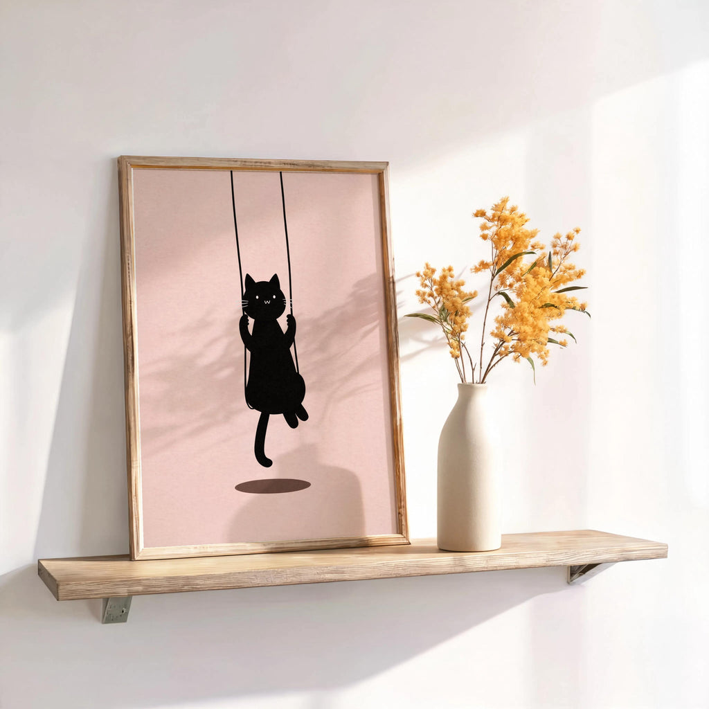 Swinging Black Cat Print, Minimal Feline Poster, Neutral Kids Room Decor, Whimsical Nursery Illustration, Cute Animal Wall Art,