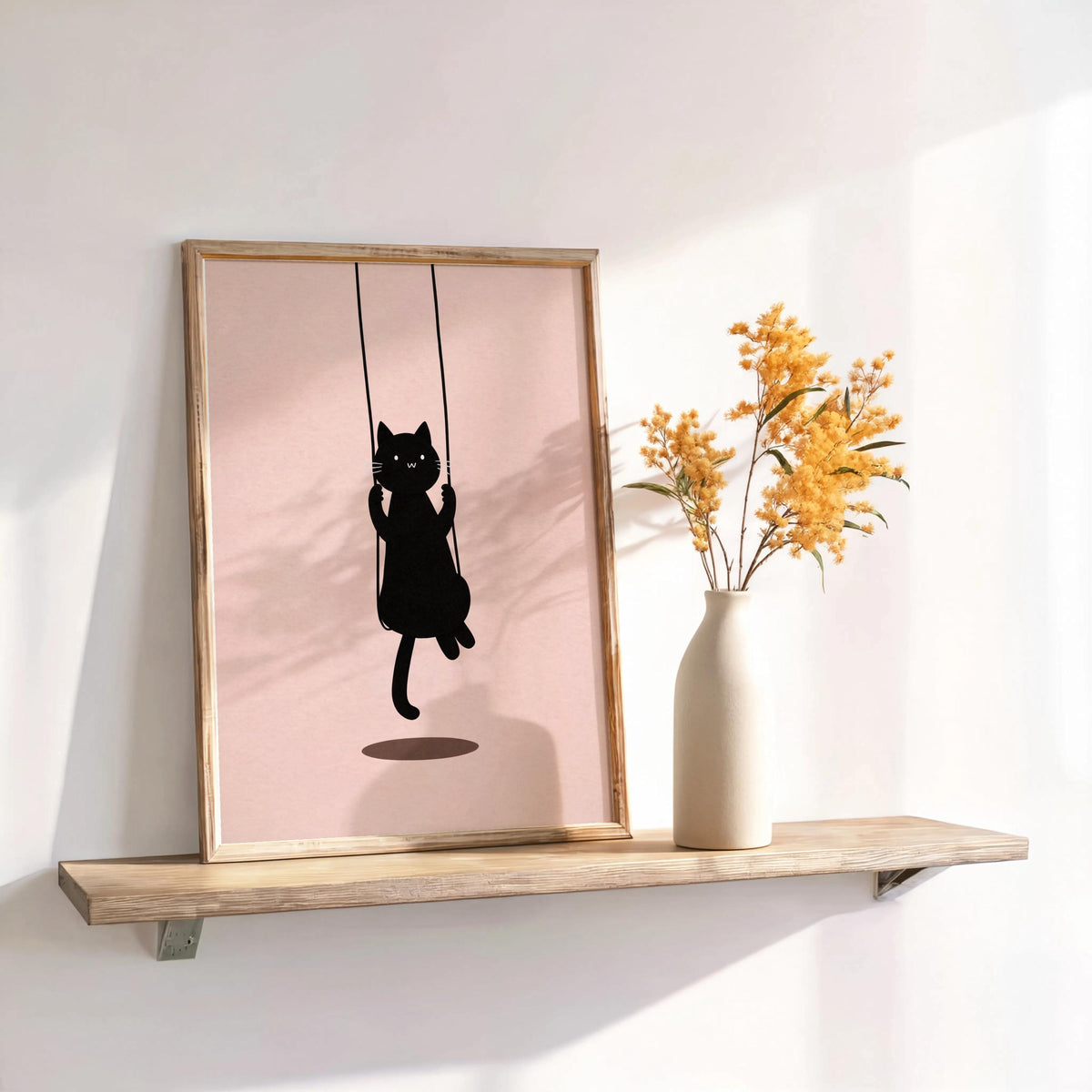 Swinging Black Cat Print, Minimal Feline Poster, Neutral Kids Room Decor, Whimsical Nursery Illustration, Cute Animal Wall Art,